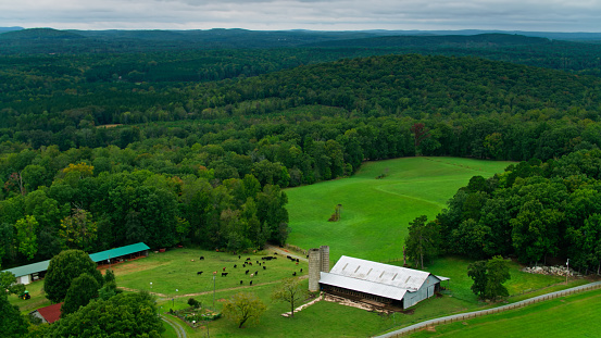 Aerial view of a farm in in Randolph County, North Carolina, to the west of the city of Asheboro.