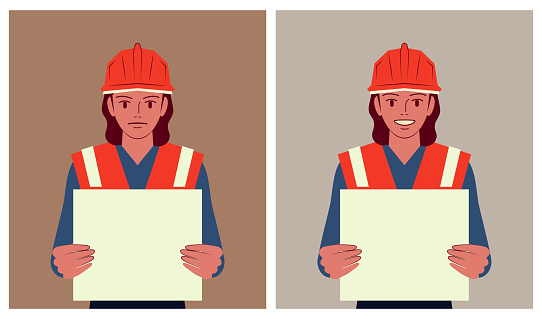 A female architect wears a work helmet and holds a blank sign with two different emotions