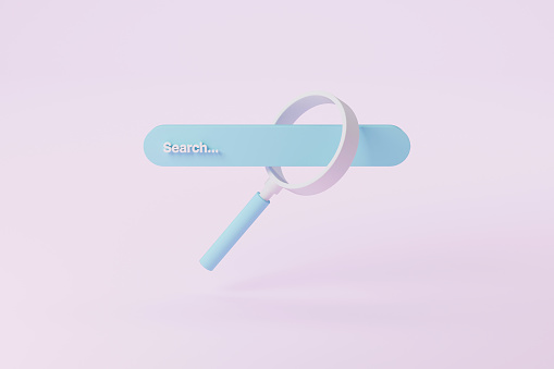 Search bar and magnifying glass on pink background. Searching information data on internet networking concept. 3d illustration