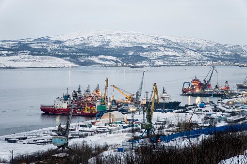 View from height on the port of Murmansk in the morning aerial photography . Murmansk region, Russia. northern sea way