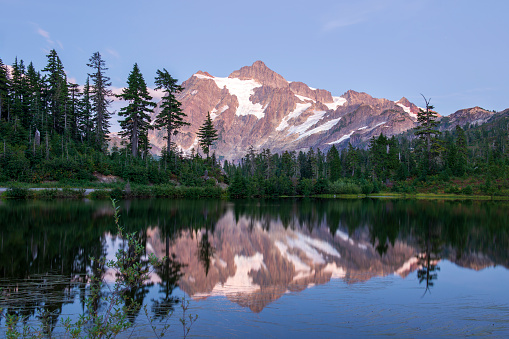 Reflection of Mt Shuksan in Picture Lake, Mt Baker-Snoqualmie National Forest, Washington State, USA