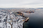 View from height on the port of Murmansk in the February morning aerial photography . Murmansk region, Russia. northern sea way