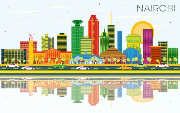 Vector illustration of Nairobi Kenya City Skyline with Color Buildings, Blue Sky and Reflections.