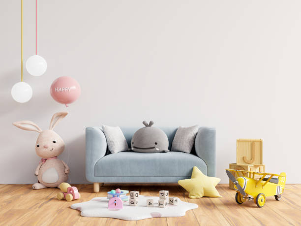 istock Sofa in children's room interior with copy space on wall white color background. 1366892426