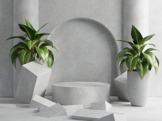 Mock up concrete podium for product presentation with a cement background.