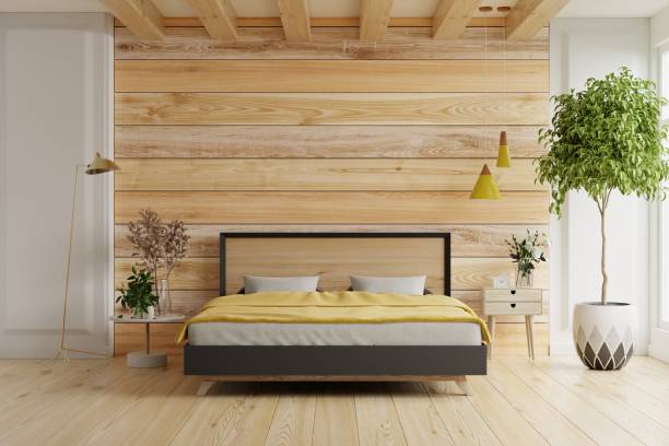 istock Bedroom interior mockup with gray bed on empty wooden wall background. 1366892467