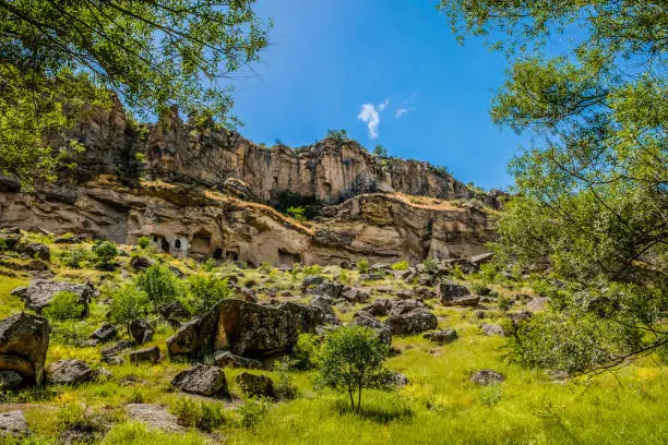 Cave town and rock formations in Zelve valley, Cappadocia, Anatolia, Turkey. Goreme national park.