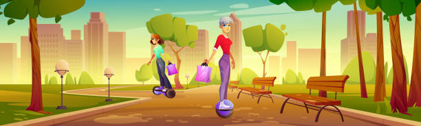 ilustrações de stock, clip art, desenhos animados e ícones de girls ride on electric hoverboard and mono wheel - unicycling unicycle cartoon balance