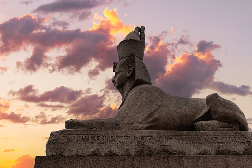 An ancient sphinx statue brought from Egypt to St. Petersburg against the backdrop of an expressive sky