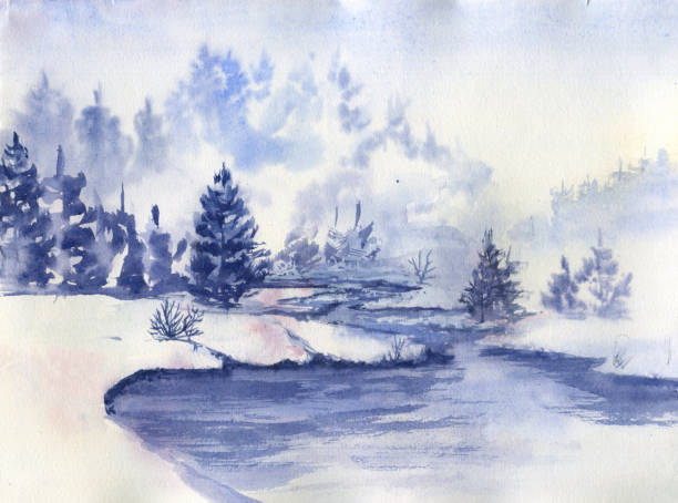 istock Landscape with misty winter forest, river and mountains. Watercolor illustration. Oriental painting 1366894194