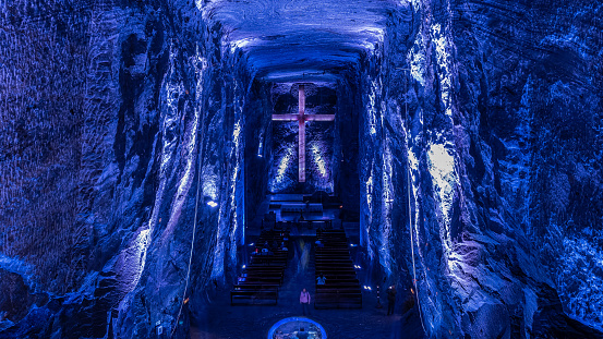 Zipaquira – Colombia – October 2014 –  Architectural detail of the Salt Cathedral of Zipaquirá, an underground Roman Catholic church built within the tunnels of a salt mine 200 metres (660 ft) underground in Cundinamarca