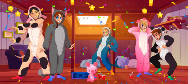 kigurumi pyjama party auf dem dachboden, freunde eilen - verrückte dame mit schwein stock-grafiken, -clipart, -cartoons und -symbole