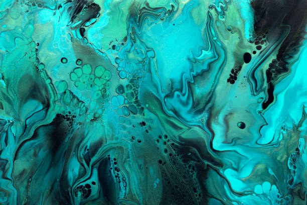 istock Fluid Art. Green and blue abstract wave swirls on black background. Marble effect background or texture 1366894473