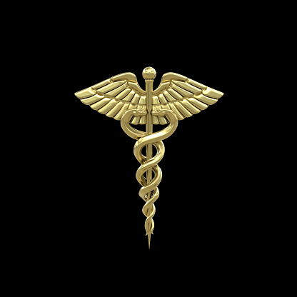 A symbol of the Hygieia Bowl in the center of a metallic shield, which are isolated on black background. 3D rendering graphics on the theme of Health Insurance.