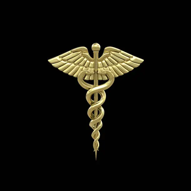 Photo of 3d gold medicine symbol isolated on black background.