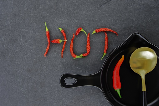 HOT spicy chili pepper still life with text formed from dried pods, gold eating utensils and a fresh chilli pepper in a skillet over grey background