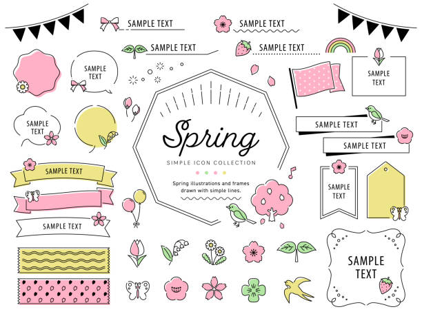 ilustrações de stock, clip art, desenhos animados e ícones de spring simple line drawing illustration frame set. cherry blossoms, strawberries, flowers, ornaments, etc. - enclosure
