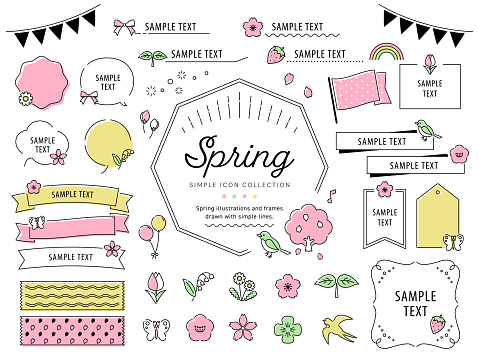 Spring simple line drawing illustration frame set. Cherry Blossoms, Strawberries, Flowers, Ornaments, etc.