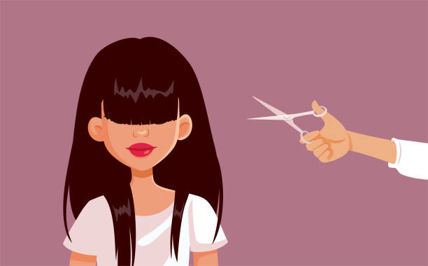 illustrazioni stock, clip art, cartoni animati e icone di tendenza di hairstylist cutting bangs su un modello di illustrazione di cartoni animati vettoriali - frangia