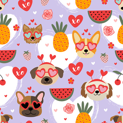 valentine seamless pattern with dogs and love elements