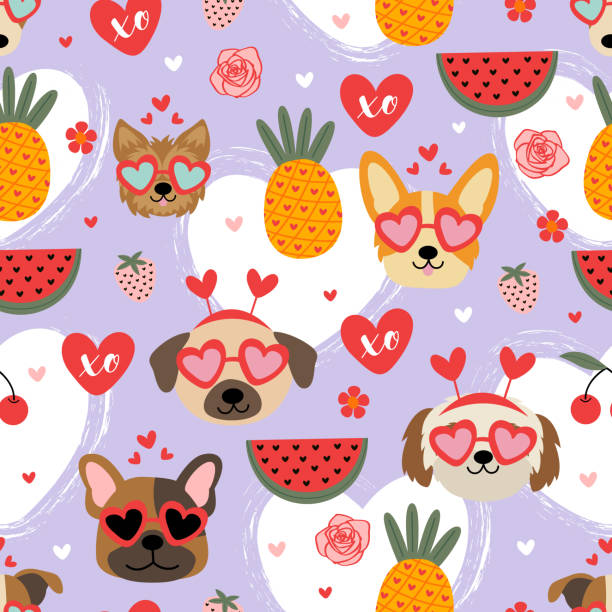 valentine seamless pattern with dogs and love elements vector art illustration