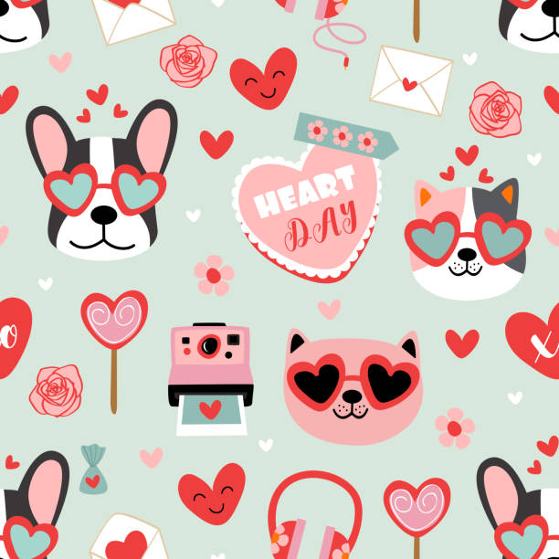 ilustraciones, imágenes clip art, dibujos animados e iconos de stock de patrón perfecto de san valentín con perros divertidos y elementos de amor - candy heart candy valentines day heart shape