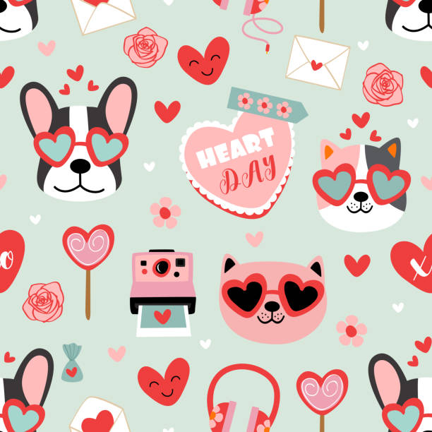 illustrazioni stock, clip art, cartoni animati e icone di tendenza di modello senza cuciture di san valentino con cani divertenti ed elementi d'amore - candy heart illustrations