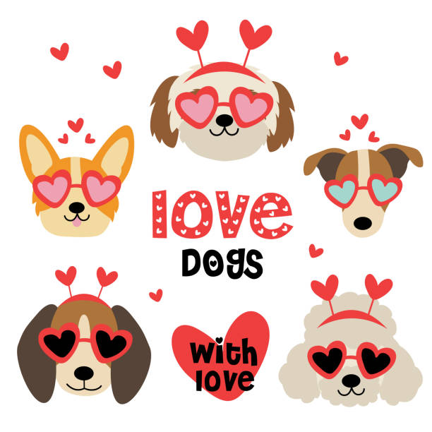 ilustraciones, imágenes clip art, dibujos animados e iconos de stock de conjunto de cabezas de perro san valentín aisladas parte 2 - shih tzu cute animal canine