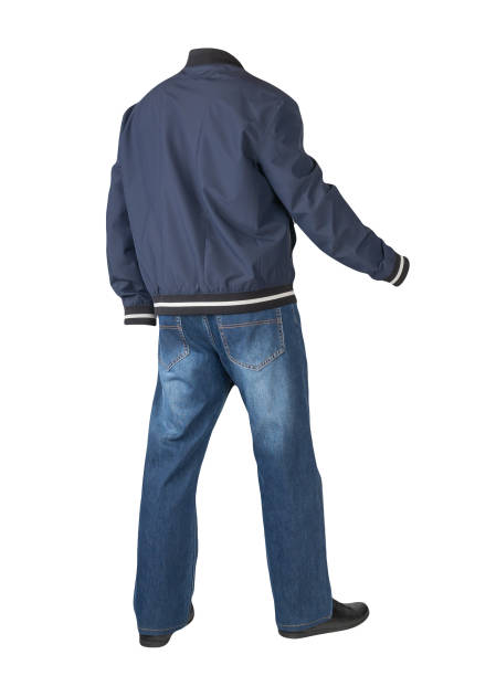 istock dark blue jeans, black leather shoes, jacket isolated on white background. 1366904283