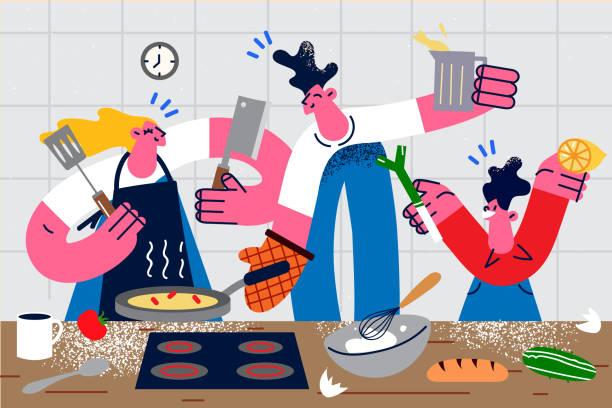 stockillustraties, clipart, cartoons en iconen met smiling family with kid cooking at home together - thuisbereiding