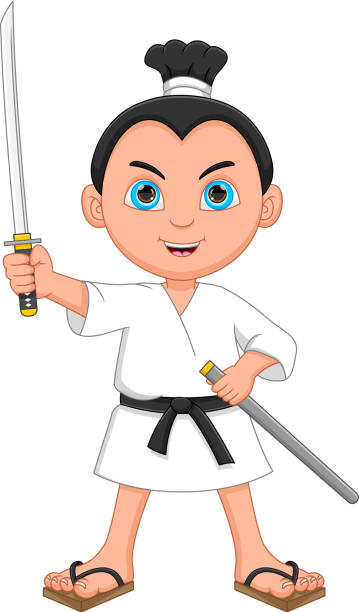 boy wearing a samurai costume and holding a sword vector illustration of boy wearing a samurai costume and holding a sword japanese boy uniform cartoon stock illustrations