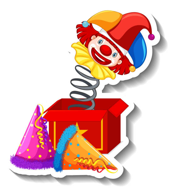 istock Funny clown jumping out of surprise box 1366905594