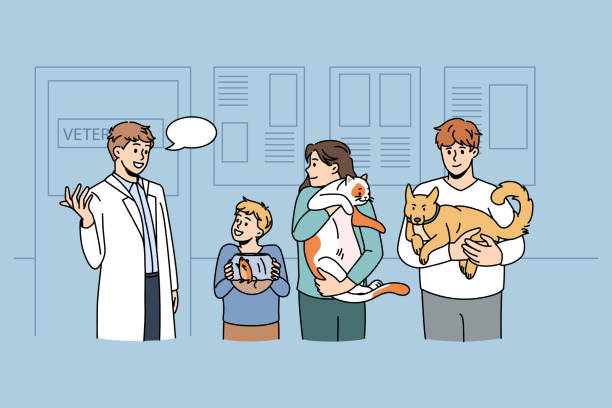 Working as veterinarian with animals concept Working as veterinarian with animals concept. Young smiling doctor veterinarian standing and greeting clients with mouse cat and dog on clinic vector illustration animal therapy stock illustrations