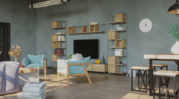 istock Open plan living room with kitchen, brick walls, industrial style, 3d render 1366906716