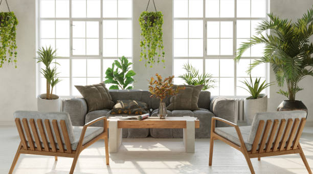 istock Open plan living room with kitchen, brick walls, industrial style, 3d render 1366906722
