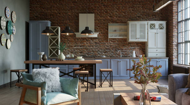 istock Open plan living room with kitchen, brick walls, industrial style, 3d render 1366906724