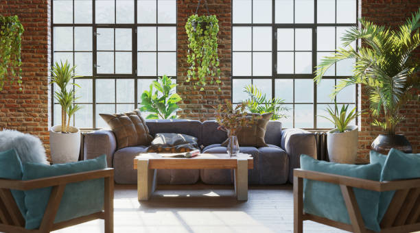 istock Open plan living room with kitchen, brick walls, industrial style, 3d render 1366906725