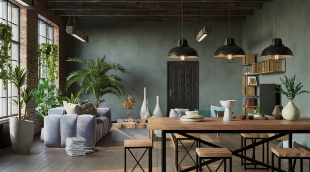Open plan living room with kitchen, brick walls, industrial style, 3d render