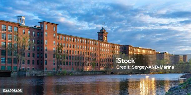 Sunset In Nashua Historic Cotton Mill Building With Clock Tower In Nashua Old Industrial Park Stock Photo - Download Image Now