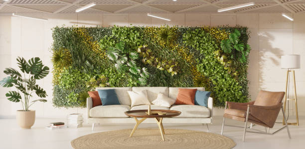 istock Green wall in lving room interior. Vertical garden interior, 3d render 1366909373