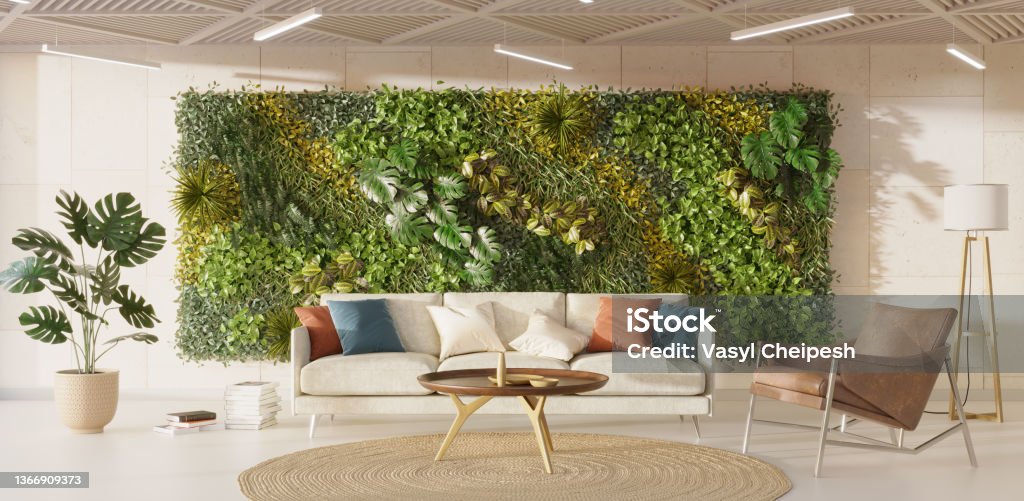 Green wall in lving room interior. Vertical garden interior, 3d render Green wall in lving room interior. Vertical garden interior Vertical Garden Stock Photo