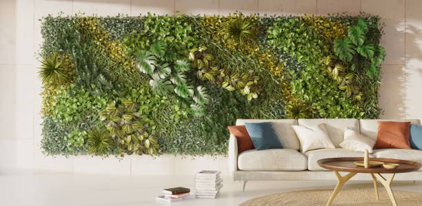 istock Green wall in lving room interior. Vertical garden interior, 3d render 1366909375