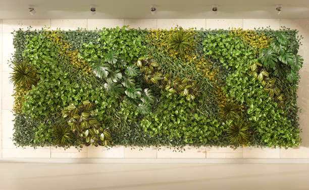 grüne wand im innenraum des wohnzimmers. vertikales garteninterieur, 3d-rendering - wandbegrünung stock-fotos und bilder