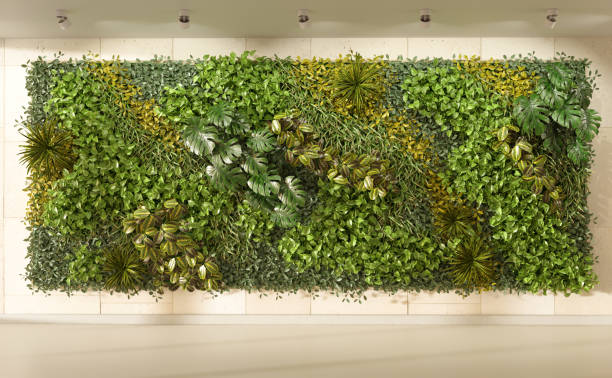 green wall in lving room interior. vertical garden interior, 3d render - dikey bahçe stok fotoğraflar ve resimler