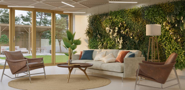 istock Green wall in lving room interior. Vertical garden interior, 3d render 1366909391