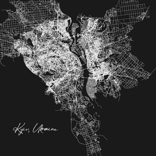 kyiv kiev black and white city map. vector illustration, kyiv kiev map grayscale art poster. street map image with roads, metropolitan city area view. - kiev 幅插畫檔、美工圖案、卡通及圖標