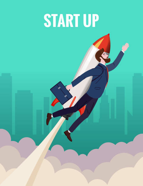 istock Businessman on a rocket fly through sky. Start up, goal achievement metaphors. City background. Vector illustration 1366911222