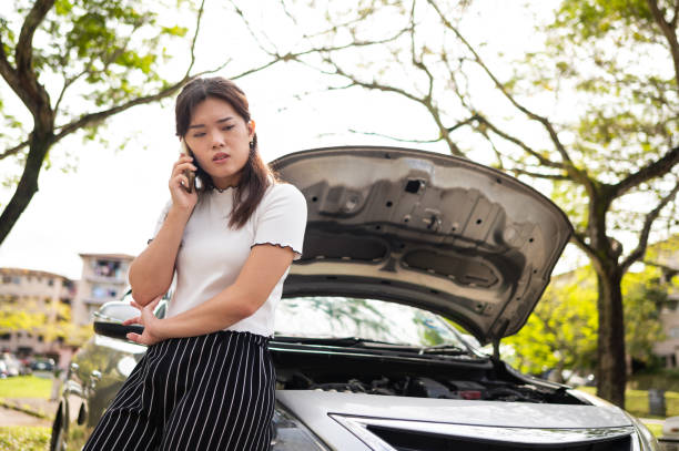 istock Frustrated Asian woman calling for assistance while standing by her broken down car at roadside 1366913504