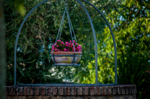 A hanging basket of pink flowers hangs on a metal frame over a brick entrance to a well with sunlit trees in the blurred background