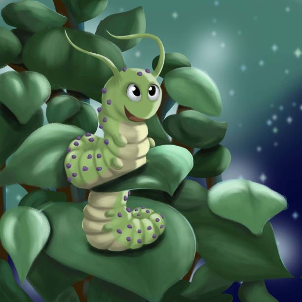 Green Caterpillar looking at the moon vector art illustration